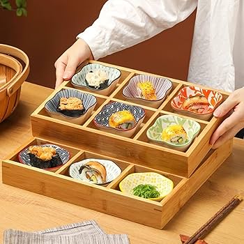 Xiraivke 小皿セット 木製仕切りトレー付き 和食器 陶器